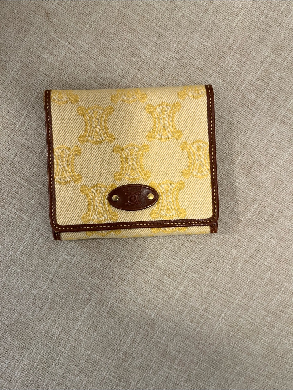 Celine Yellow Logo-Print Wallet with Brown Trim